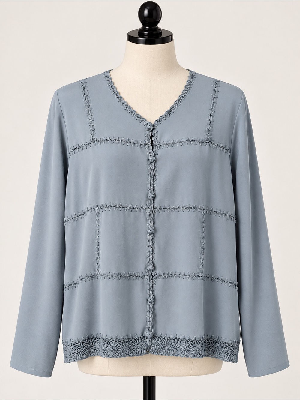 Blue Gray Crochet Trim Button Front Blouse Teddi L